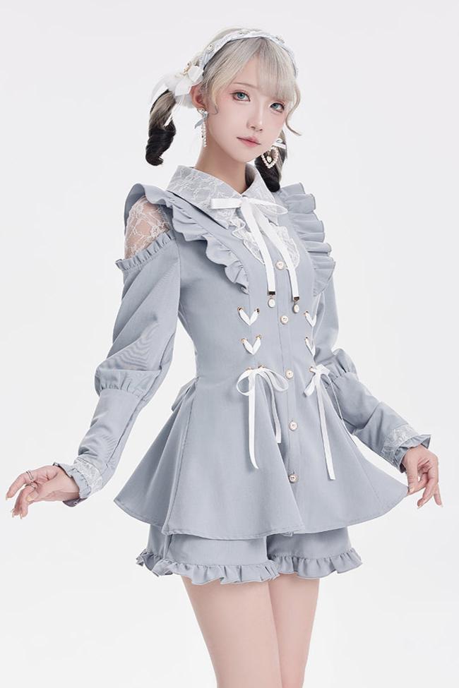 [Reserved product] Race Shear Shoulder Frill Ribbon Design Suit