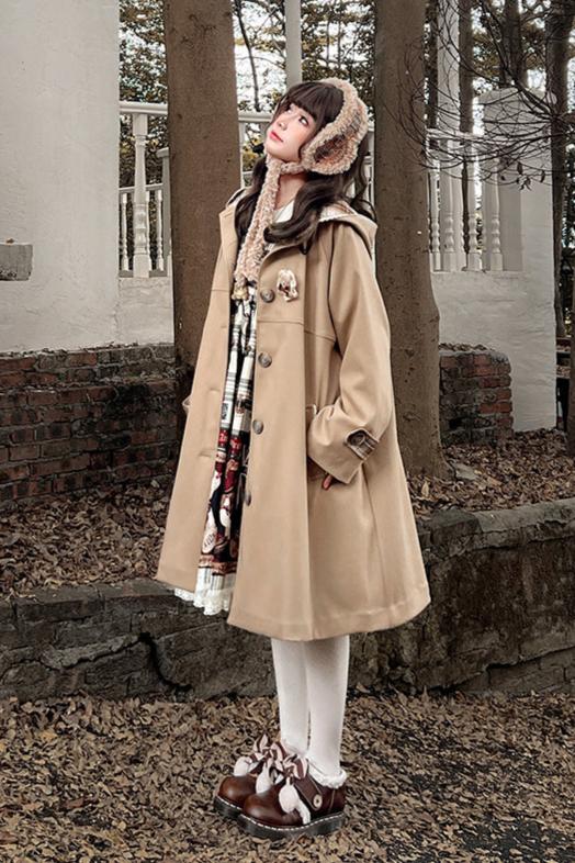 Pre-order] Cafe Latte Plaid Hoodie A-line Windbreaker Ribbon Coat