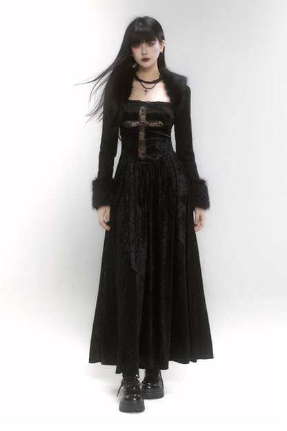 Velvet Lace Cross Long Dress + Shawl