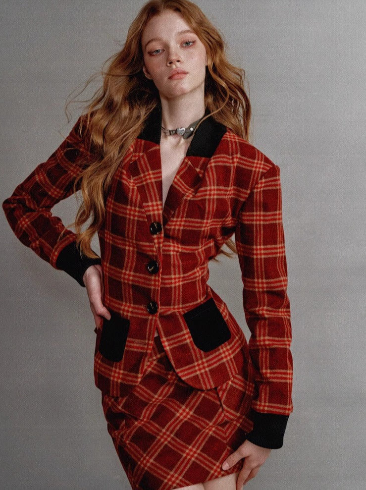 American Retro Red Check Blazer Skirt Two Piece Suit