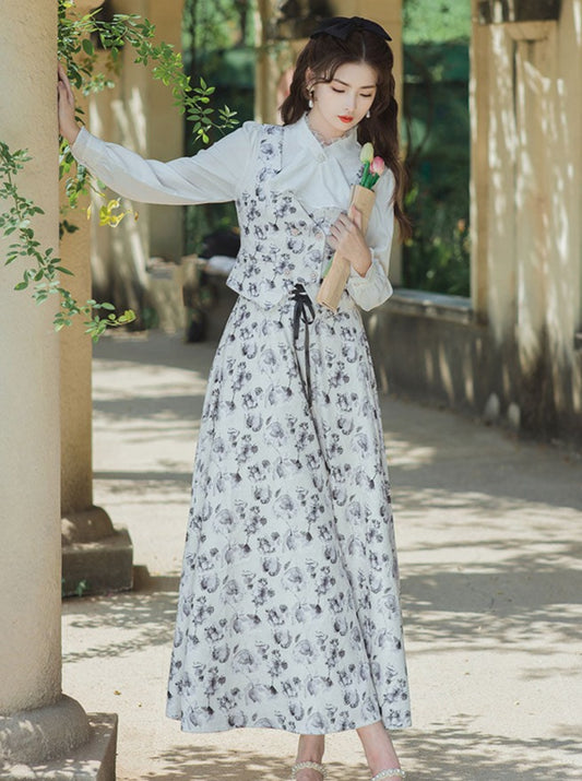 Chic flower vest + lace-up skirt + elegant colored blouse