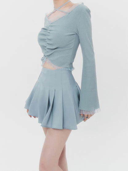 American College Style Aqua Pleated Skirt