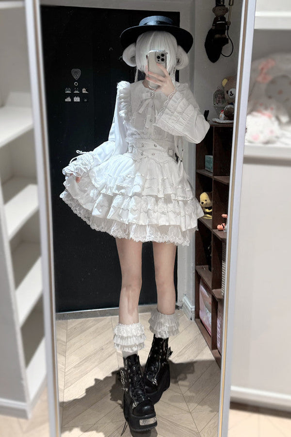 [Pre-order Deadline: January 7] Jewel Ribbon Bell Sleeve Shirt + Black Striped Tiered Skirt + Set