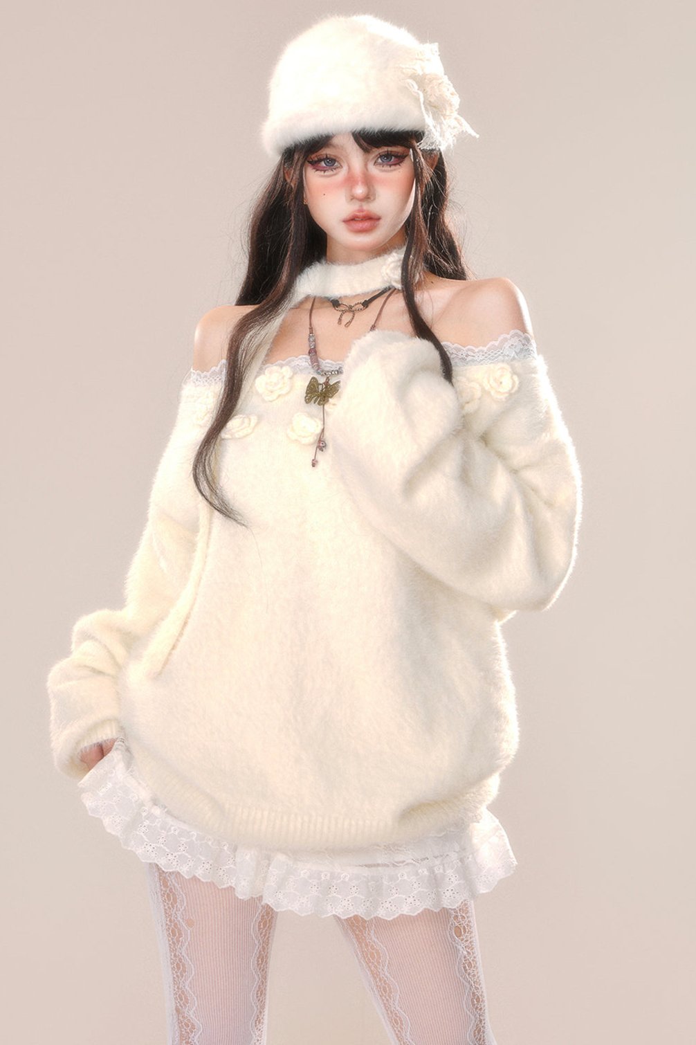 Soft heart lace one shoulder sweater