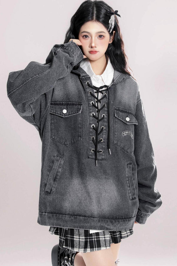 ディストレストデニムフーデッドジャケット