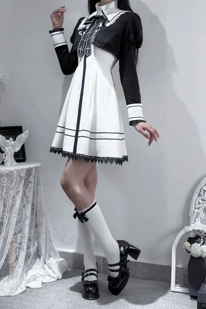 【9月15日予約締切】Black And White Cross Ribbon Frill Lace Academy Dress＋Gothic Chain Cropped Bolero Jacket