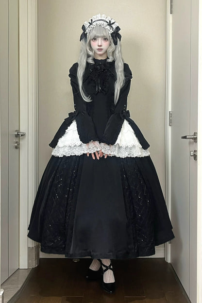 [Pre-order Deadline: November 6] Black and White Gothic Widow Lace Princess Sleeve Faux Two-Piece Long Dress