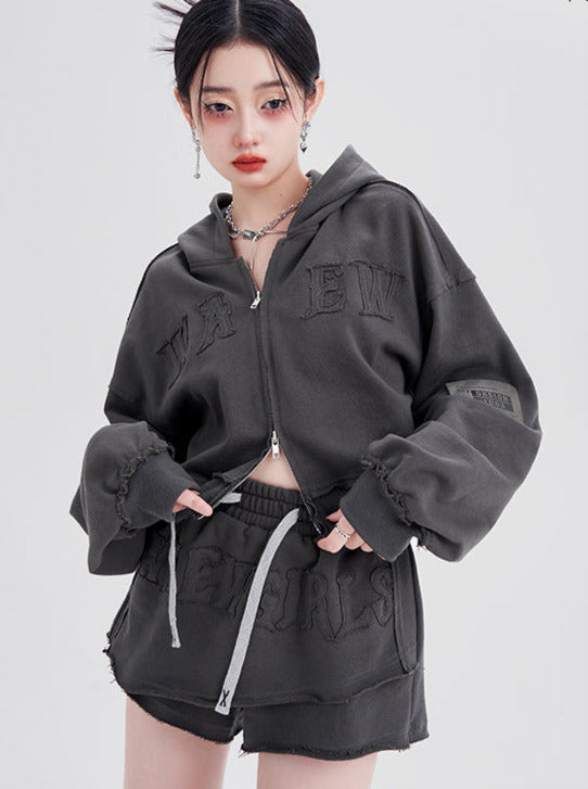 ストリートダブルジップグレーフーディージャケットパンツロングスカートスーツ