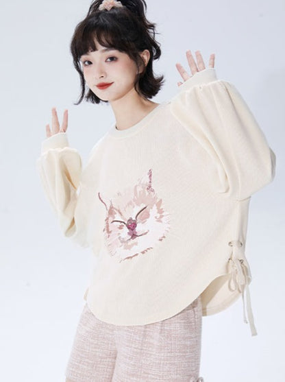 Loose Strap Arc Cat Print Top