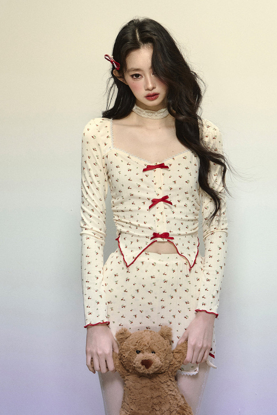 Cherry Red Flower Ribbon Top + Mini Skirt