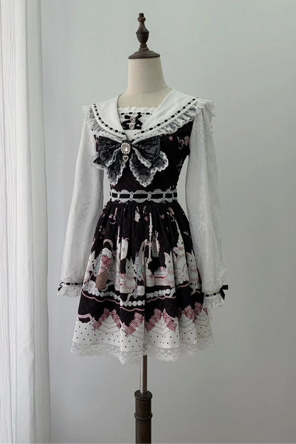【8月30日予約締切】Black and Pink rabbit print lace sailor collar Op dress +pleated dress skirt set＋ 3 Styles of Bow Tie Available