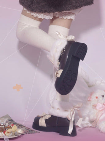 Snow Lolita Mid Heel Color Block Ribbon Sweet Velvet Short Boots