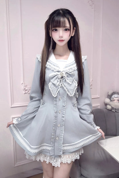 [Pre-order Deadline: September 29] Blue Sailor Collar Frill Lace Trim Dress + Shorts + Cross Charm Jewel Bow Tie Set