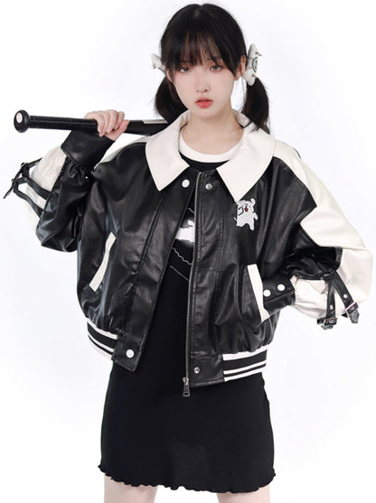 A Line Puppy Faux Leather Casual Embroidered Motorcycle Jacket