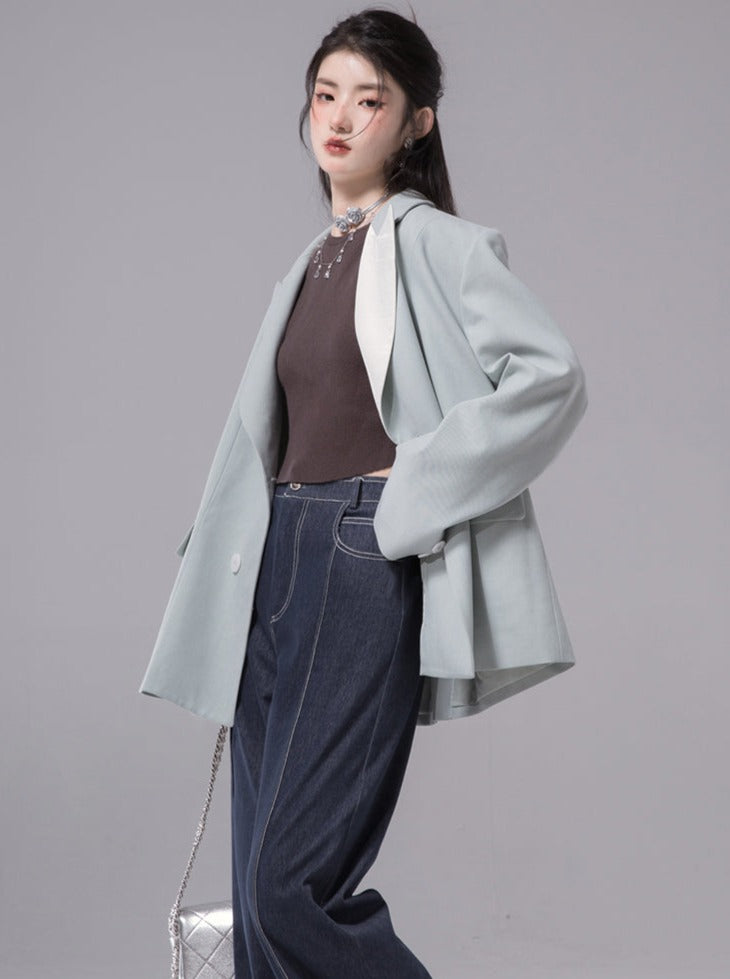 Contrast Green Field Pearl Lapel Collar Jacket