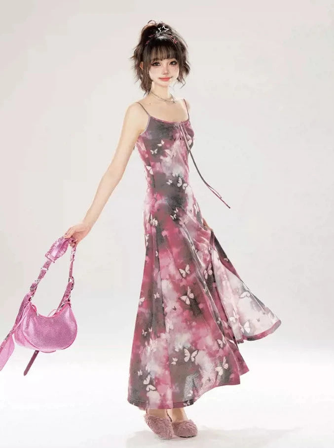 Pink-gray butterfly slit suspender dress