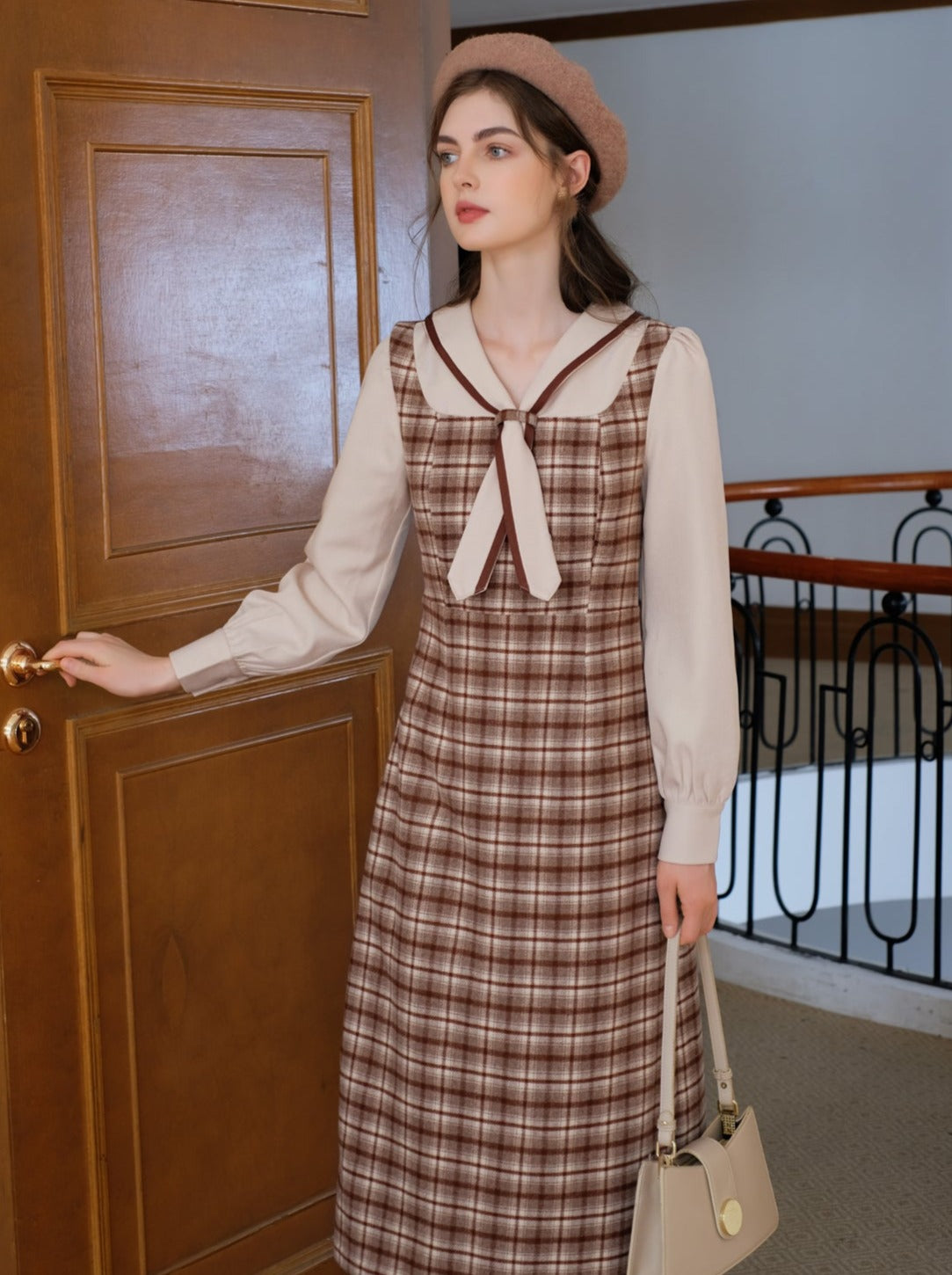 Queen Maillard French Retro Faux Retro Faux Two Piece Wool Check Dress