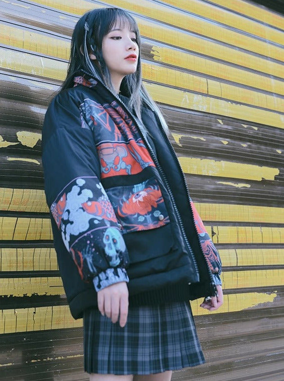 Dark Printed Stand Collar Cotton Down Jacket