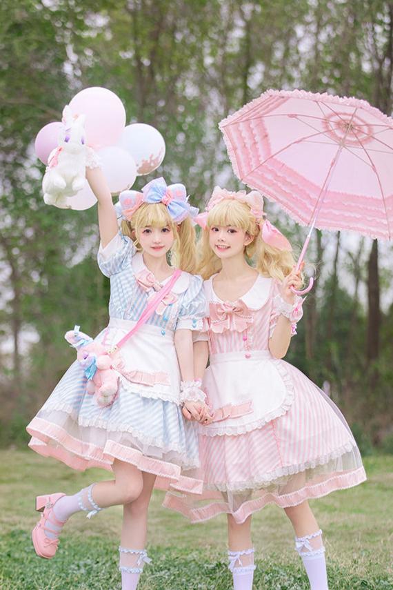 [Reservation product] Pastel Color Striped Sweet Ribbon Dress