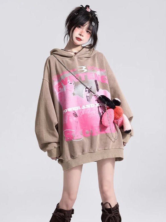 Oversized Retro Wash Print Hoodie