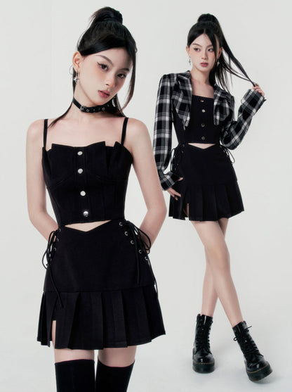 Punk rock lace-up split sass bustier dress + check short jacket