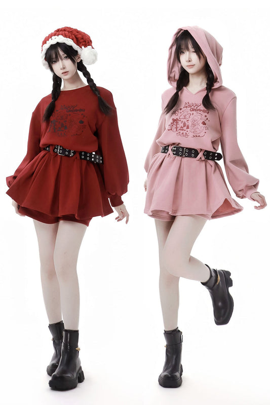 Pink Velvet Christmas Hooded Dress And Red Sweatdress