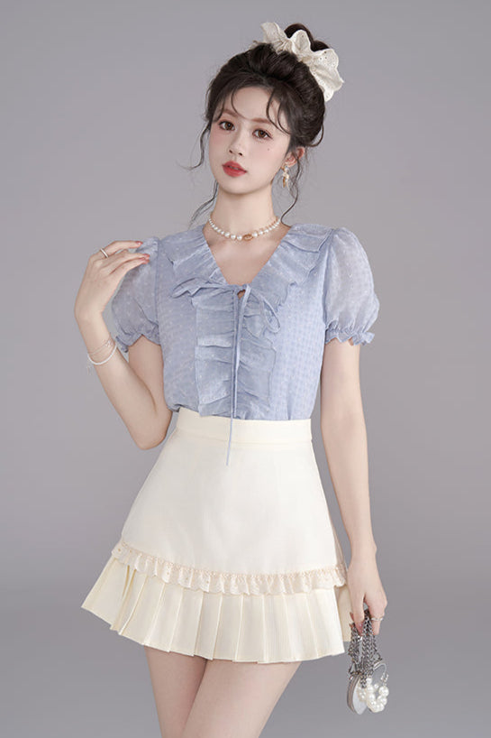 French V-Neck Ruffle Blouse + Ruffle Skirt