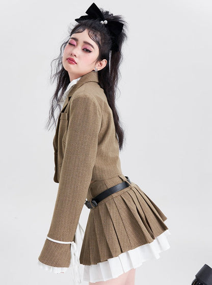 One Point Badge College Jacket + Layered Pleated Skirt