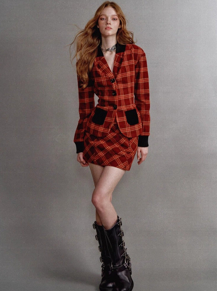 American Retro Red Check Blazer Skirt Two Piece Suit