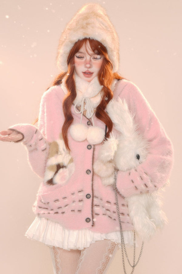 ベアーニットルーズフーデッドカーディガン