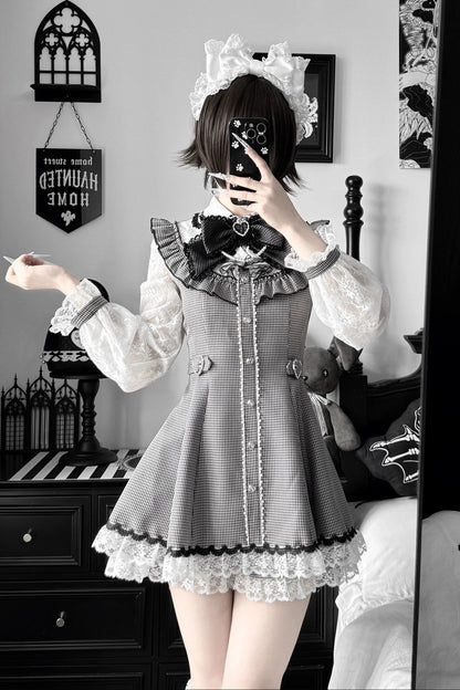 [Pre-order Deadline: November 15] Houndstooth Lace Sleeve Ruffle Dress + Matching Shorts + Pearl Ribbon Set