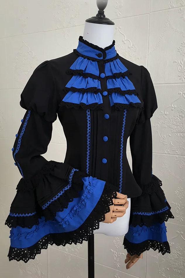 [Vorbestellfrist: 13. Juli] Kleinblaue Gothic-Lolita-Rüschen-Stufenkleid-Komplettset
