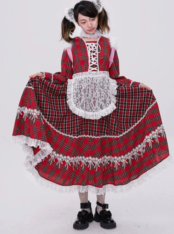 Lace-up Check Retro Girl Sweet Dress