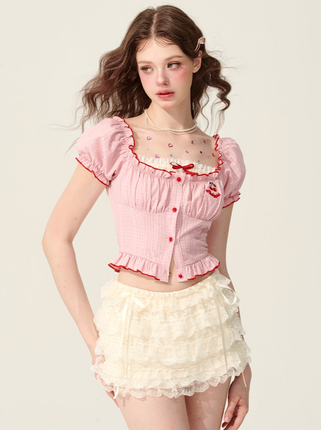 [5월 31일 20시] 덜 눈 반 달콤한 크로와상 핑크 반팔 티셔츠 여성 여름 스퀘어 넥 체크무늬