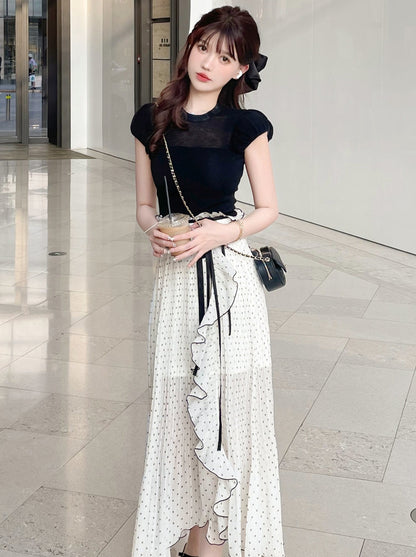 [Reservations] Irregular Slit Design Dot Long Skirt