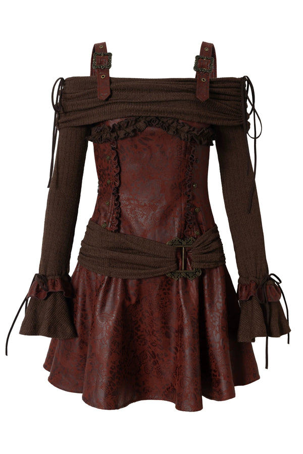 レトロパンクオフショルパッチワークドレス