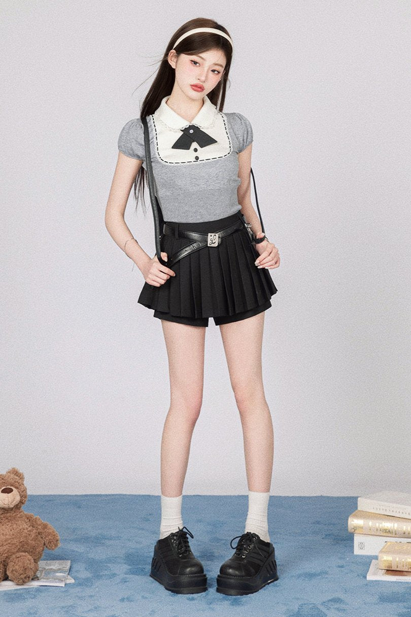 Sweetheart School Girl Knit Top + Short Skirt