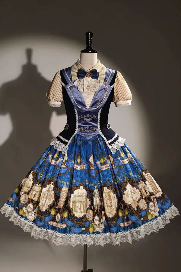 [Reservation Deadline: November 6] Navy Blue/Brown Classic Italian Travel Diary Lolita Stripe Puff Sleeve Bow Lace Vintage Print One-Piece Dress