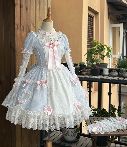 【7月3日予約締切】スウィートロリータレースラインストーンリボンロマンティックドールパフスリーブドレス＋ベルスリーブ＋ヘアバンドセット