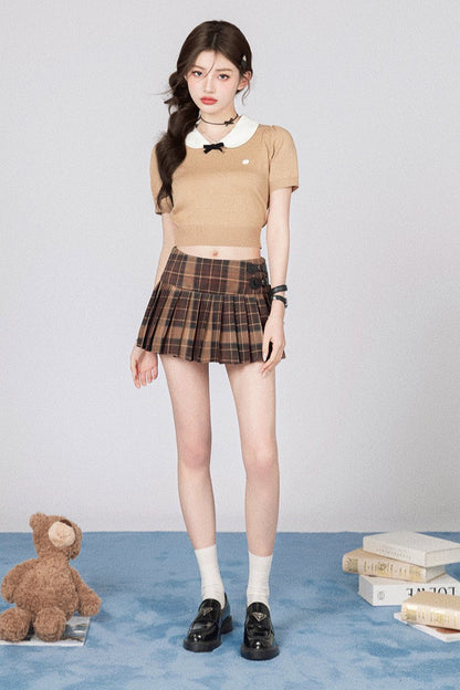 Niche Bell Collar Knit Top + Check Skirt