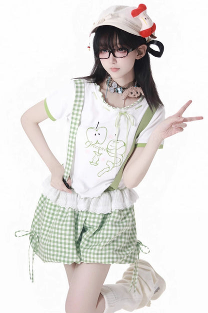 Blue Apple Vibe Top + Suspender Skirt + Wide Pants