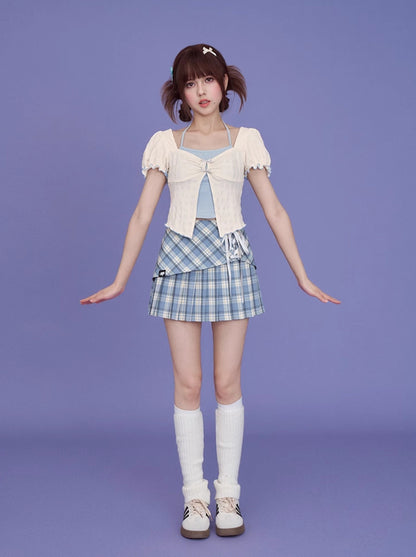 Lace-up Check Retro Blue Skirt