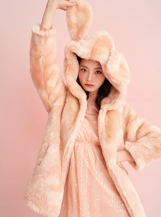 Sugar Cream Orange Rabbit Faux Fur Coat