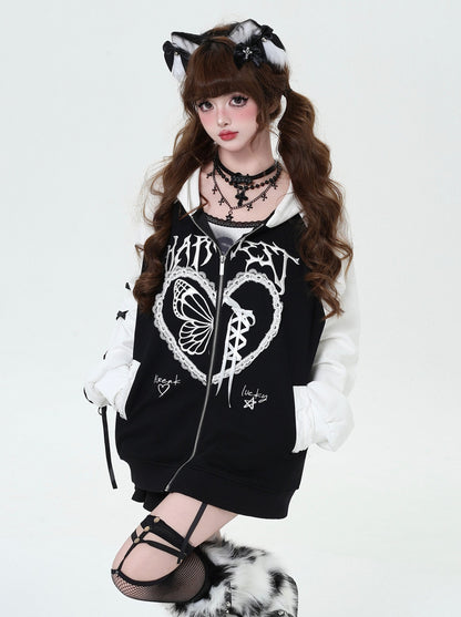 Heart Design Loose Over Hooded Hoodie