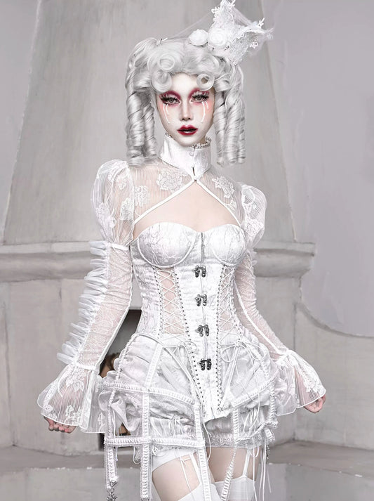 Sleeping Alice White Gothic Chiffon Sheer Puff Sleeve Stand Collar Short Jacket [Reserved Item