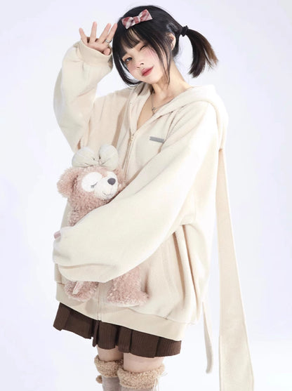 Solid Color Cute Bunny Ears Hooded Sweatshirt Jacket