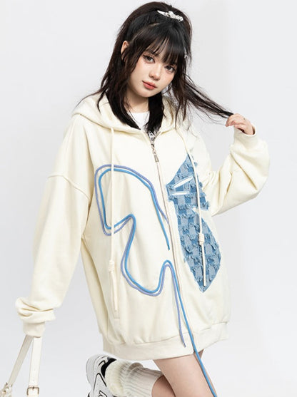 Denim Butterfly Over Hooded Hoodie