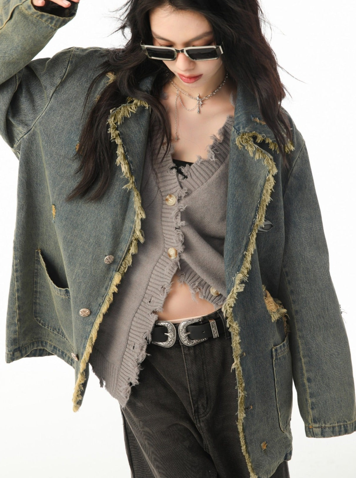 Retro Raw Edge Design Damaged Denim Jacket – Belchic