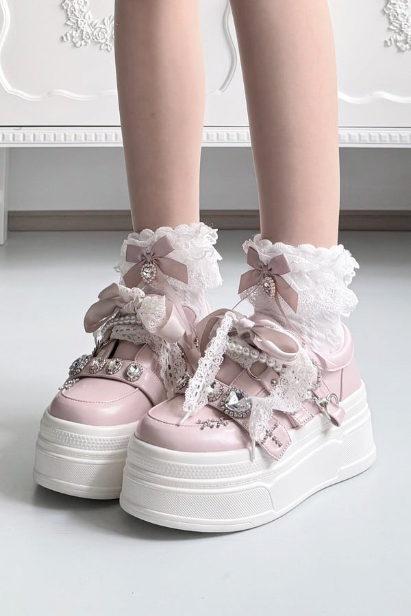 【10月6日予約締切】White/Pink/Black Rhinestone Buckle Lace Cross Charm Ribbon Chunky Sneakers