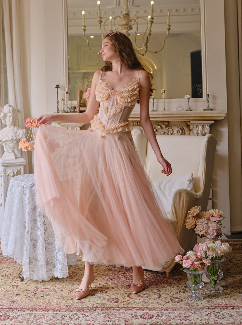 Peach Fairy French Retro Sweet Lace Camisole With Skirt